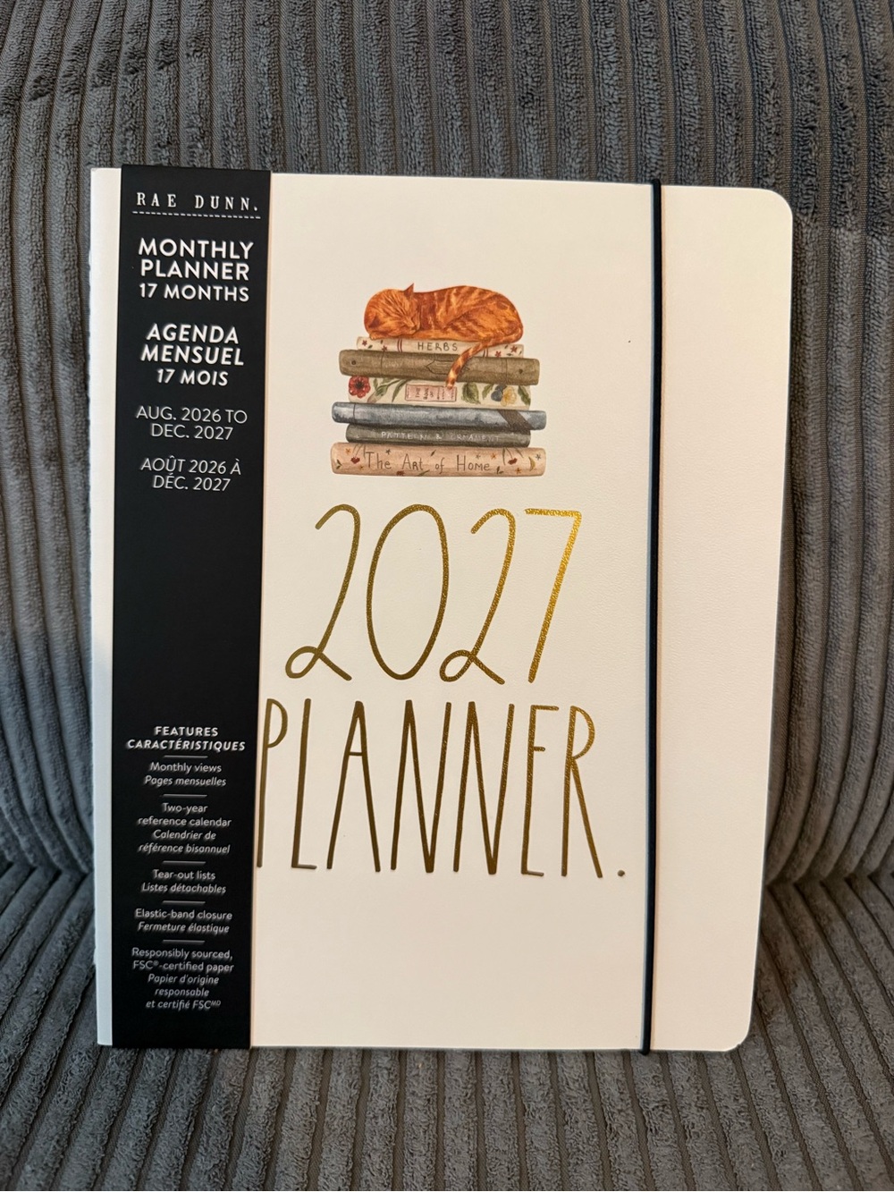 Rae Dunn Cream 2027 Planner with Gold Foil and Cat Illustration